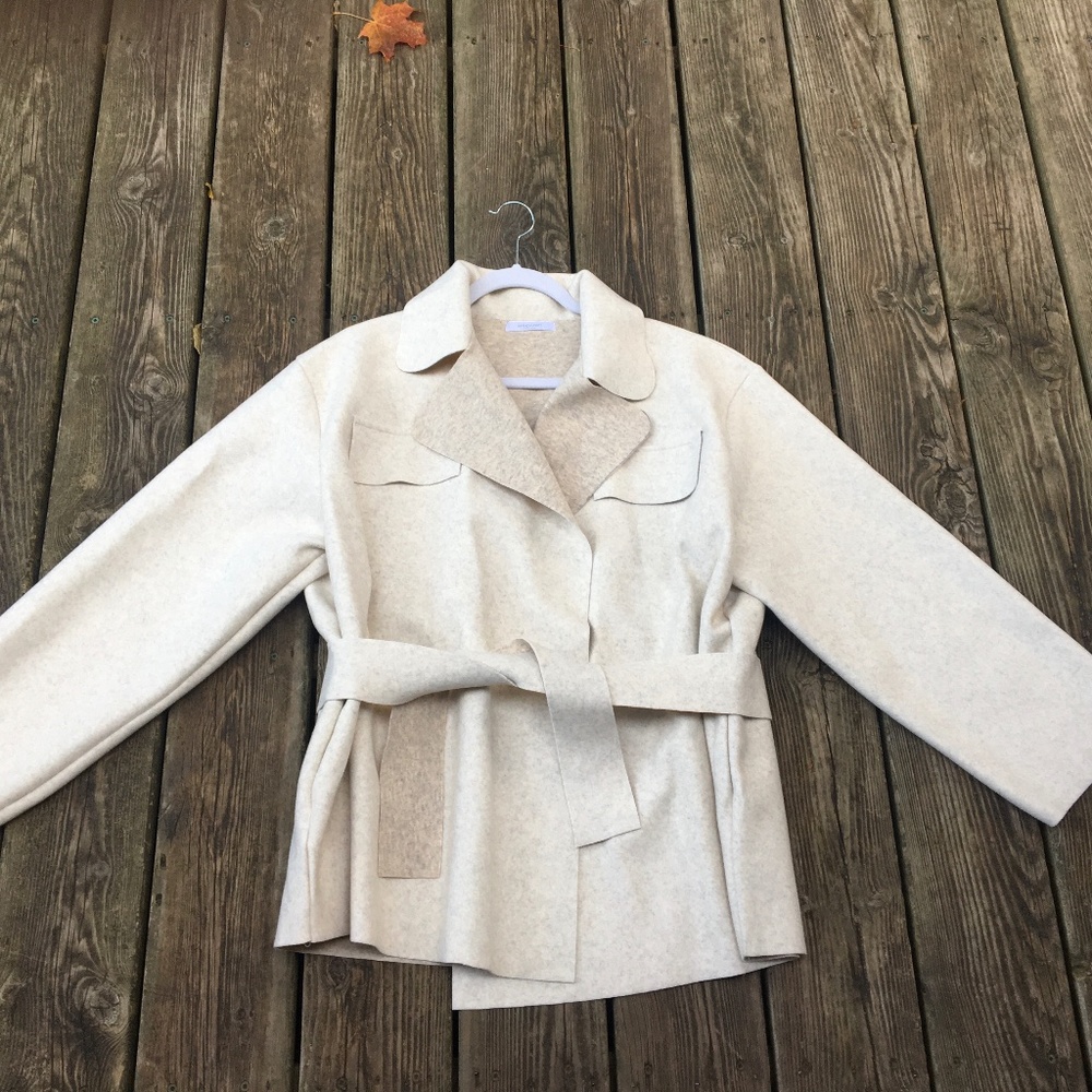 Coat: Women's Light Beige Oatmeal Wool Look Felt Belted Coat Jacket